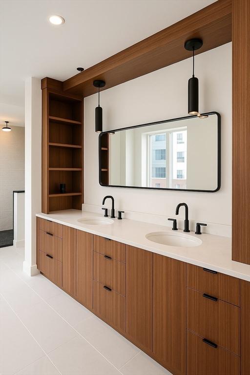 58 Kent St Unit 404, Brookline, MA 02445 - full bath featuring tile patterned floors, double vanity, and recessed lighting