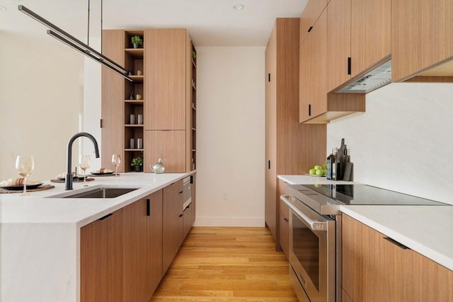 58 Kent St Unit 404, Brookline, MA 02445 - kitchen with stainless steel electric stove, under cabinet range hood, a sink, open shelves, and light countertops