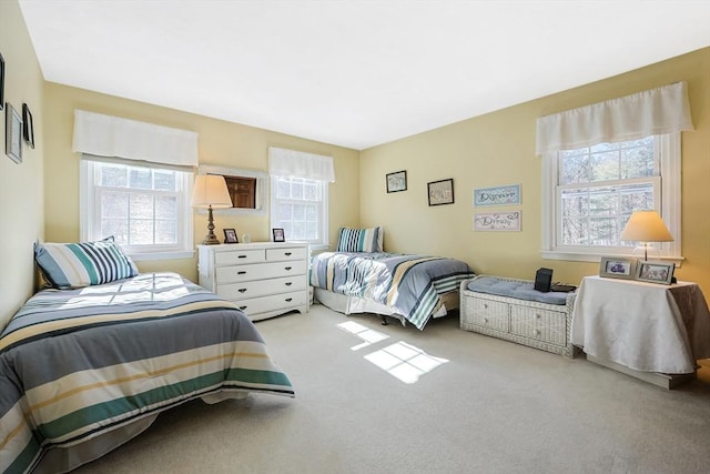 bedroom with light carpet