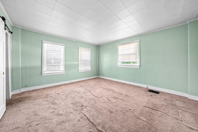 62 County St, Taunton, MA 02780 - unfurnished room with plenty of natural light, a barn door, carpet flooring, and crown molding