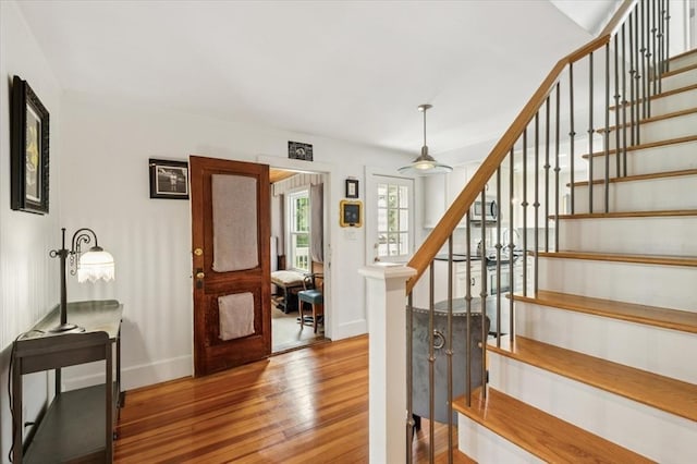 38 N W St, Agawam, MA 01030 - entrance foyer with hardwood / wood-style flooring, stairs, and ceiling fan