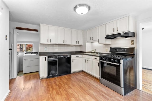 kitchen with stainless steel gas range, dishwasher, washer / clothes dryer, under cabinet range hood, and white cabinets