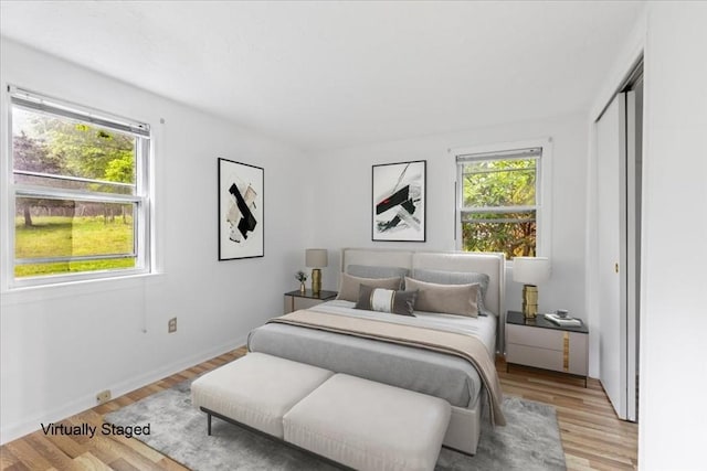 bedroom featuring multiple windows, wood finished floors, and a closet