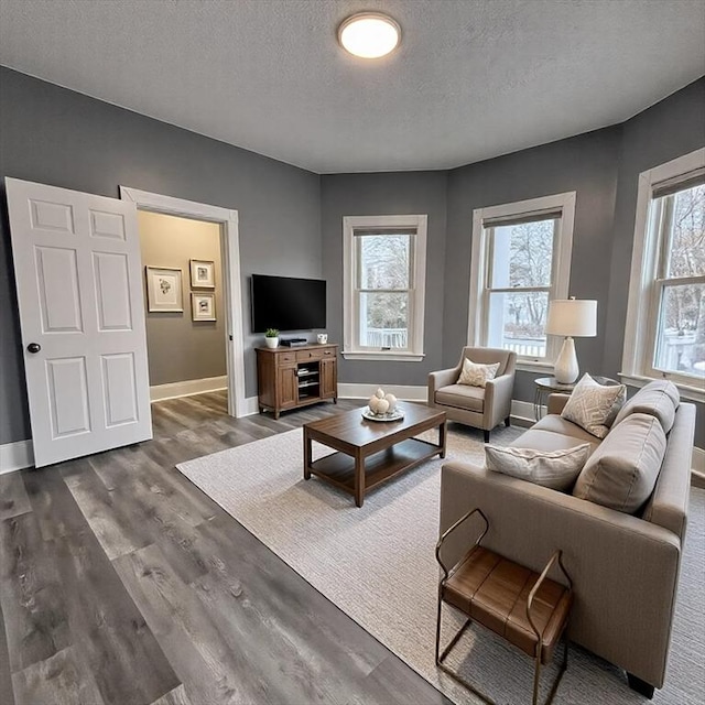 living area with dark wood-style floors, plenty of natural light, and baseboards