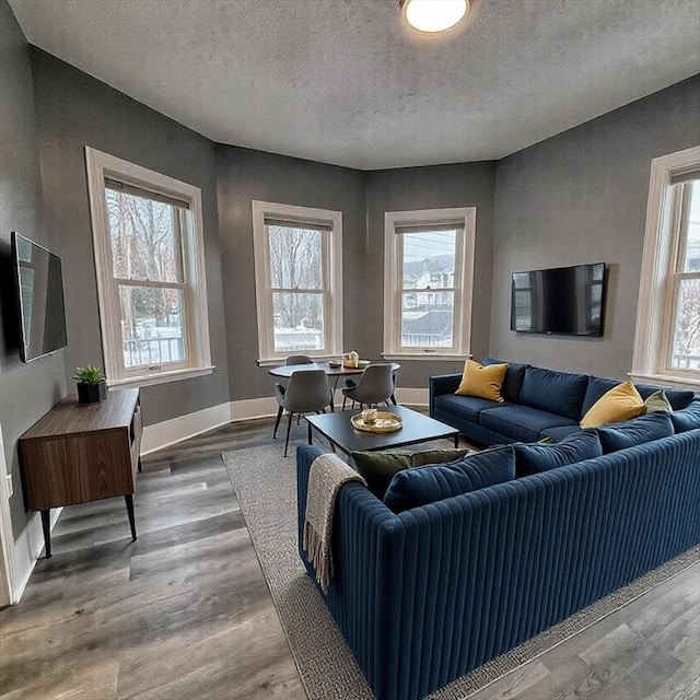 living area featuring a textured ceiling, baseboards, and wood finished floors