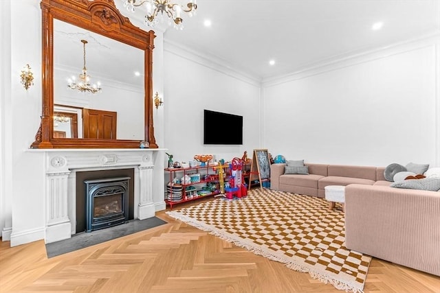 living area featuring baseboards, a fireplace with flush hearth, recessed lighting, ornamental molding, and a chandelier