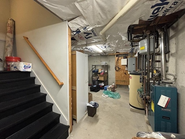 basement with electric panel and water heater