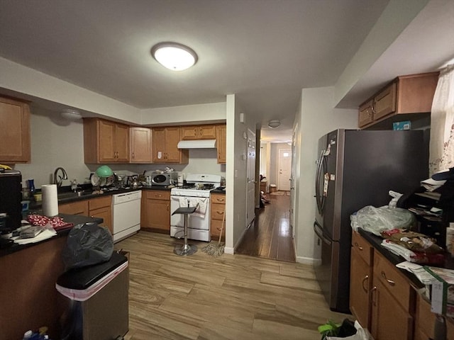 kitchen with sink, light hardwood / wood-style floors, and white appliances