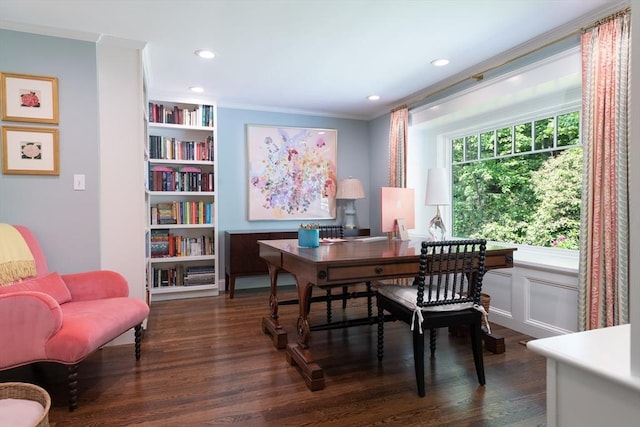 130 Hickory Rd, Weston, MA 02493 - home office featuring wood finished floors, crown molding, built in shelves, and recessed lighting