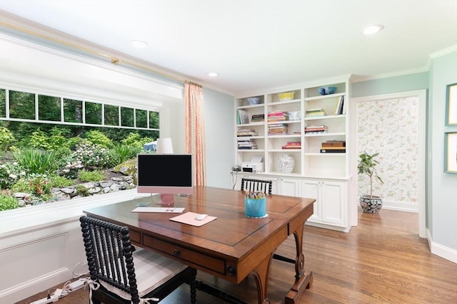 130 Hickory Rd, Weston, MA 02493 - office area featuring ornamental molding, light wood-type flooring, and recessed lighting