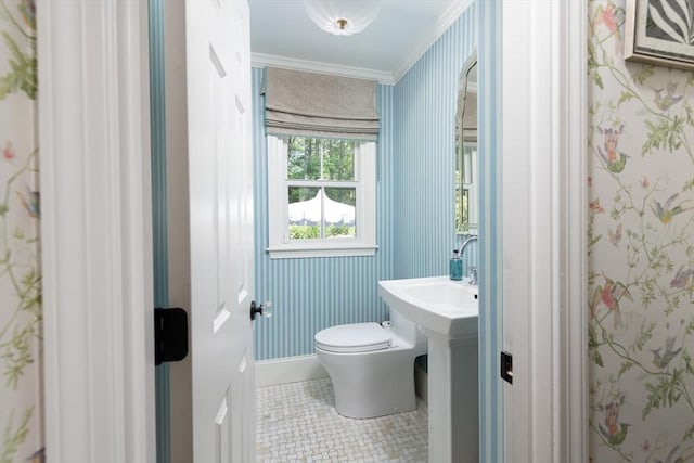 130 Hickory Rd, Weston, MA 02493 - bathroom featuring wallpapered walls, ornamental molding, and tile patterned floors