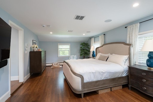 130 Hickory Rd, Weston, MA 02493 - bedroom featuring a baseboard heating unit, dark wood finished floors, and recessed lighting