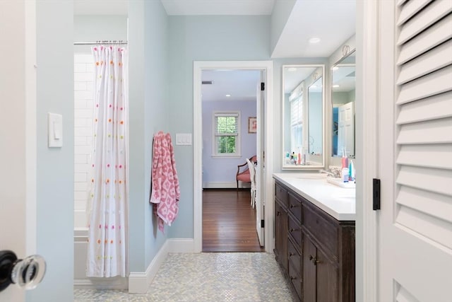 130 Hickory Rd, Weston, MA 02493 - full bath with vanity, shower / tub combo, and tile patterned flooring