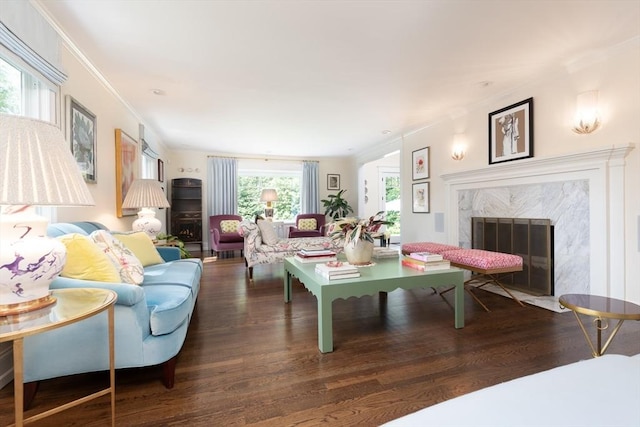 130 Hickory Rd, Weston, MA 02493 - living area with wood finished floors, a premium fireplace, and ornamental molding