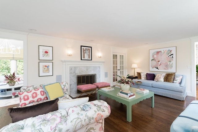 130 Hickory Rd, Weston, MA 02493 - living area with ornamental molding, wood finished floors, and a premium fireplace