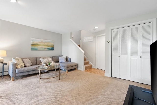 64 Prospect St Unit B, Marblehead, MA 01945 - carpeted living room featuring recessed lighting and stairs