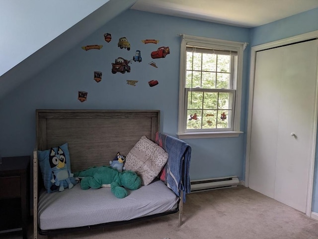38 Pearson Dr, Newbury, MA 01922 - bedroom featuring a baseboard heating unit, carpet, lofted ceiling, and a closet