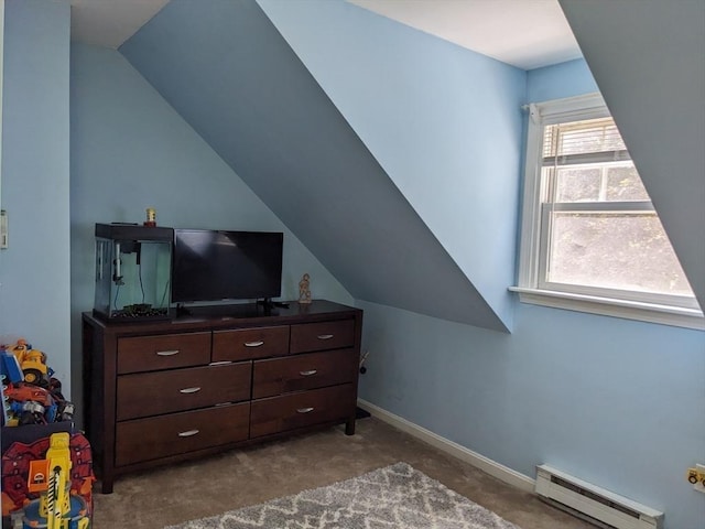 38 Pearson Dr, Newbury, MA 01922 - bedroom with a baseboard radiator, carpet flooring, and lofted ceiling