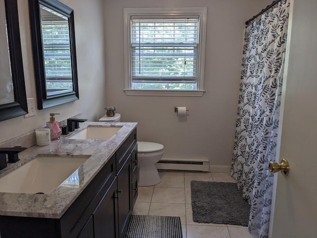 38 Pearson Dr, Newbury, MA 01922 - full bath with baseboard heating, double vanity, tile patterned floors, and a shower with shower curtain