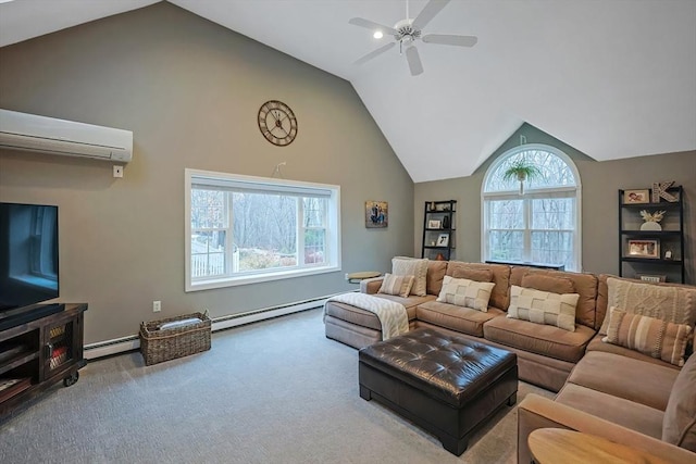 carpeted living room featuring a wall mounted air conditioner, a baseboard radiator, high vaulted ceiling, and ceiling fan