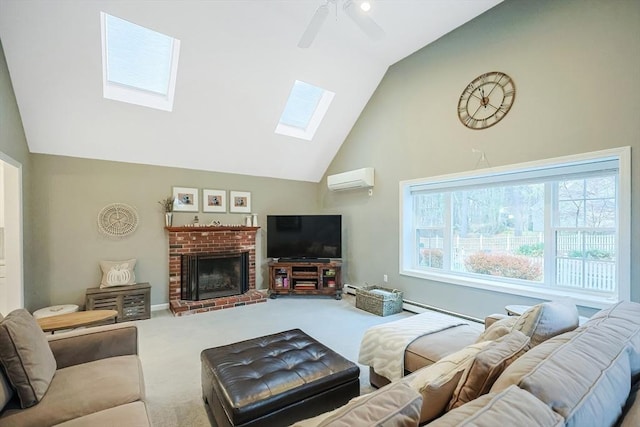 living room with high vaulted ceiling, a skylight, carpet flooring, a wall mounted AC, and ceiling fan