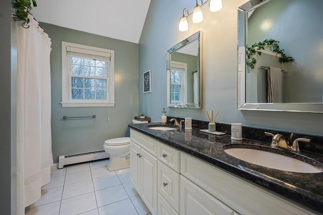 bathroom featuring lofted ceiling, tile patterned floors, toilet, baseboard heating, and vanity