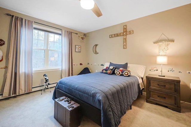 bedroom featuring ceiling fan and light colored carpet