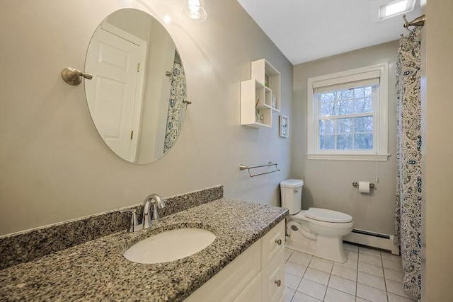 bathroom featuring vanity, tile patterned floors, toilet, and baseboard heating