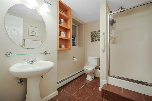 bathroom featuring a baseboard radiator, toilet, a shower with shower door, and tile patterned flooring