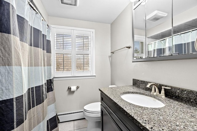 bathroom with curtained shower, tile patterned flooring, vanity, baseboard heating, and toilet