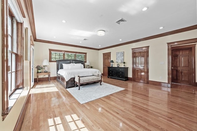 72 Charlemont St, Newton, MA 02461 - bedroom featuring light wood-style floors, baseboards, ornamental molding, and recessed lighting