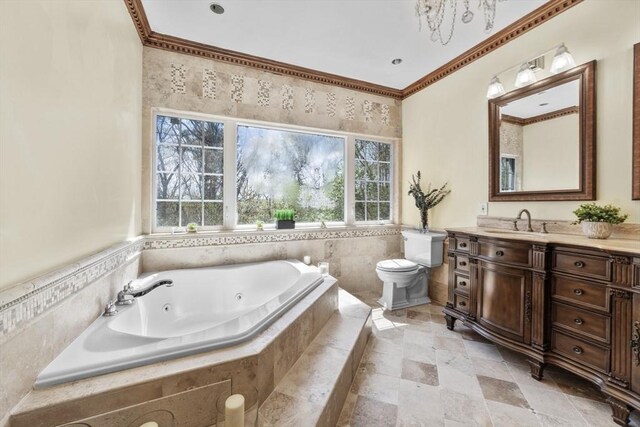 72 Charlemont St, Newton, MA 02461 - full bathroom with plenty of natural light, toilet, a jetted tub, vanity, and tile walls