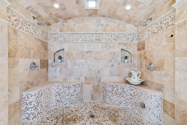 72 Charlemont St, Newton, MA 02461 - full bathroom featuring a tile shower and vaulted ceiling