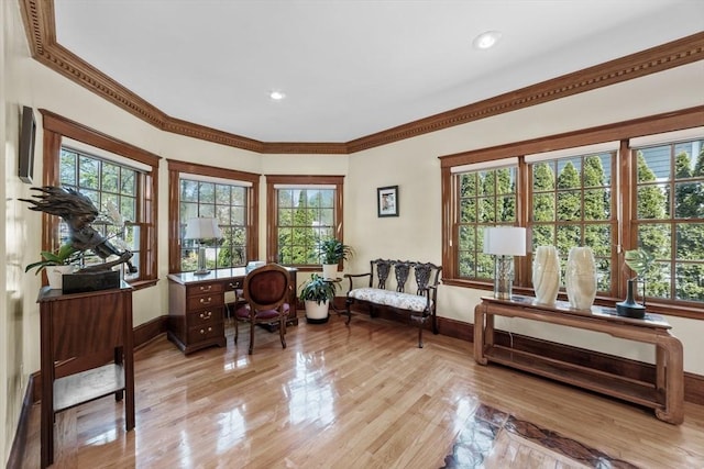 72 Charlemont St, Newton, MA 02461 - sitting room featuring baseboards, light wood-style flooring, crown molding, and recessed lighting