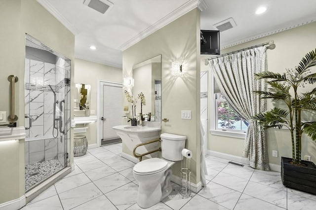 14 Weld St, Westborough, MA 01581 - bathroom featuring marble look tiles, crown molding, a stall shower, baseboards, and recessed lighting