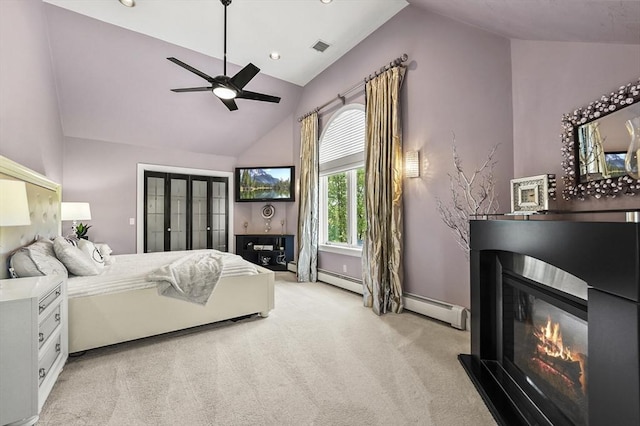 14 Weld St, Westborough, MA 01581 - bedroom with light colored carpet, a glass covered fireplace, high vaulted ceiling, recessed lighting, and a ceiling fan