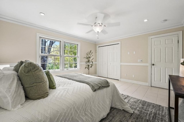 14 Weld St, Westborough, MA 01581 - tiled bedroom with a closet, ornamental molding, ceiling fan, and baseboards