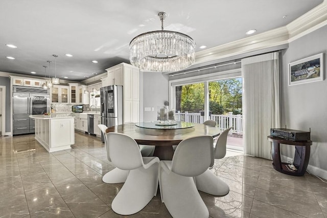 14 Weld St, Westborough, MA 01581 - dining area with a chandelier, marble tiled floors, crown molding, recessed lighting, and baseboards