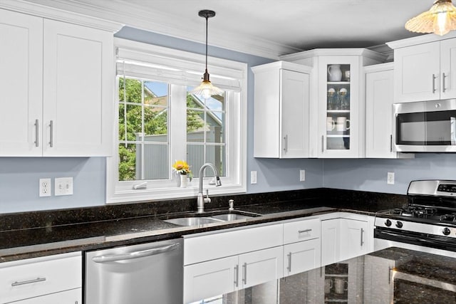 43 N Main St Unit B, Berkley, MA 02779 - kitchen featuring stainless steel appliances, white cabinets, decorative light fixtures, and ornamental molding