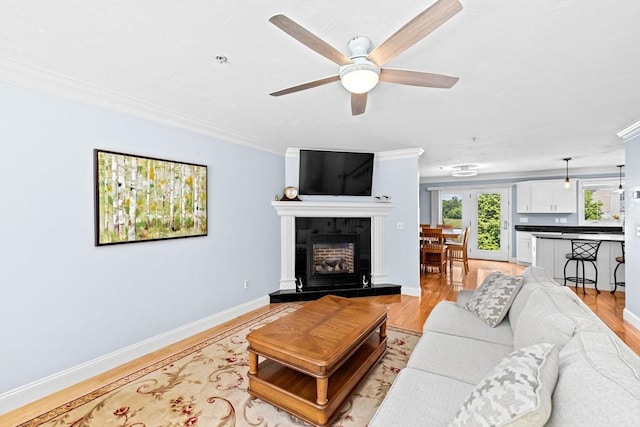 43 N Main St Unit B, Berkley, MA 02779 - living area featuring ornamental molding, light wood-style flooring, a ceiling fan, and a fireplace