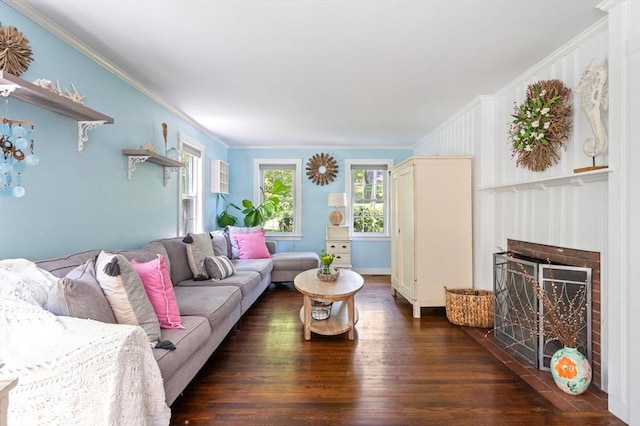 89 W Elm St, Pembroke, MA 02359 - living area with crown molding, wood finished floors, and a fireplace with flush hearth
