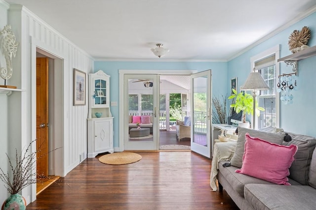 89 W Elm St, Pembroke, MA 02359 - entryway featuring ornamental molding, wood finished floors, ceiling fan, and french doors