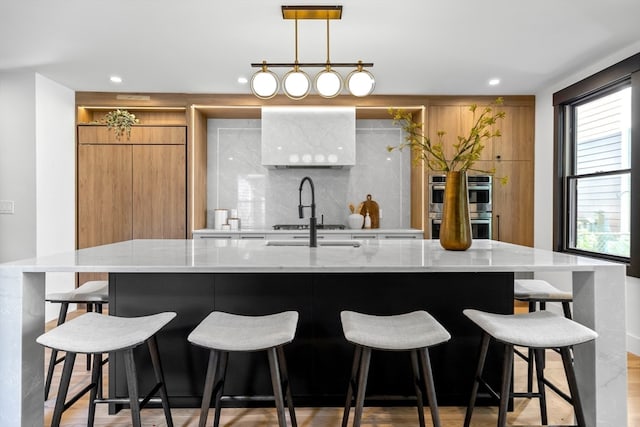 kitchen featuring light hardwood / wood-style flooring, pendant lighting, and a kitchen island with sink