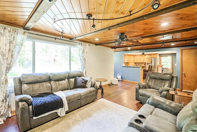 252 Howe St, East Brookfield, MA 01515 - living area with wood ceiling, hardwood / wood-style floors, ceiling fan, and baseboards