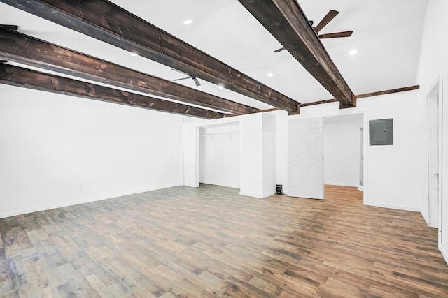 252 Howe St, East Brookfield, MA 01515 - finished below grade area featuring ceiling fan, electric panel, wood finished floors, baseboards, and recessed lighting