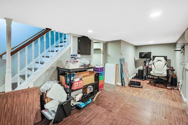 252 Howe St, East Brookfield, MA 01515 - basement with wood finished floors, stairway, recessed lighting, and baseboards