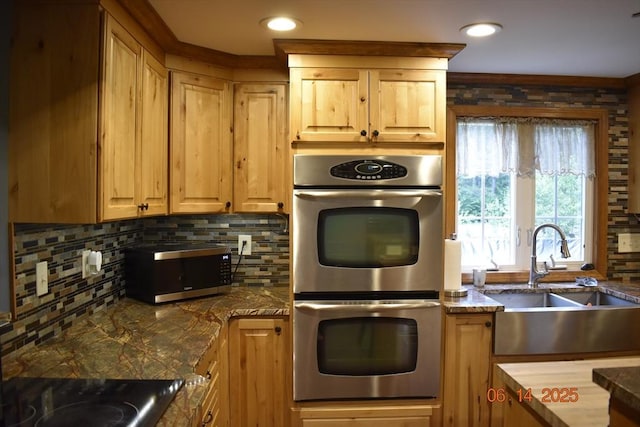 252 Howe St, East Brookfield, MA 01515 - kitchen featuring stainless steel appliances, tasteful backsplash, dark stone counters, recessed lighting, and light brown cabinetry