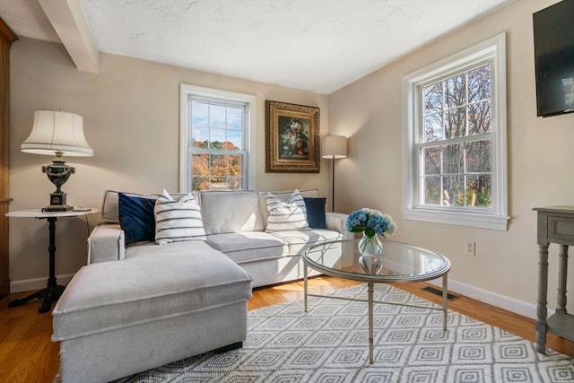 living room featuring light hardwood / wood-style flooring, beam ceiling, and plenty of natural light