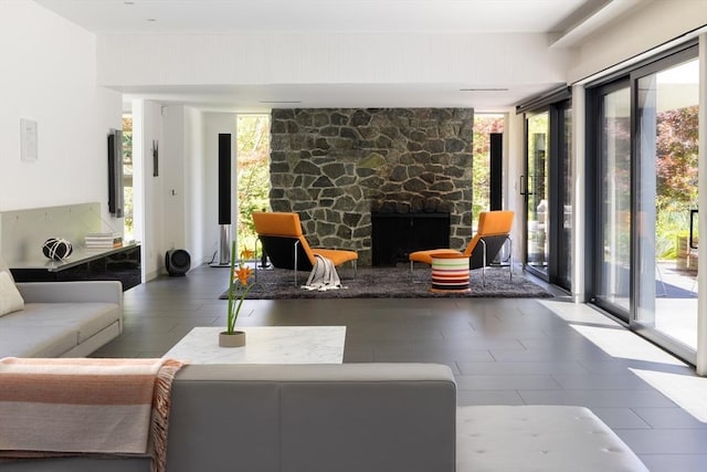 living area featuring a stone fireplace