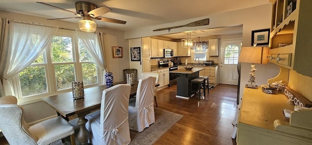 dining area with dark wood-type flooring and ceiling fan with notable chandelier